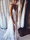 homdor V Neck Lace Applique Wedding Dress for Bride Spaghetti Strap A Line Boho Bridal Gown with Slit White Size 2