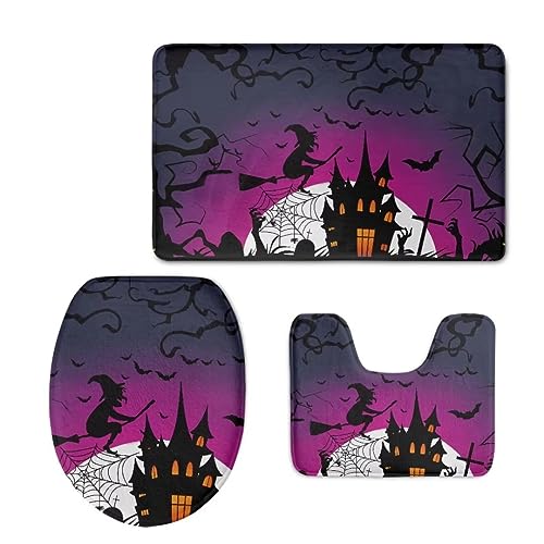 HUGD IDEA Halloween Night Bathroom Entrance Floor Door Mat Toilet Seat Cover and Pedestal Rug Set 3 PCS U-Shaped Toilet Mat Decorations Absorbent