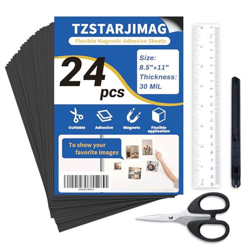 TZSTARJIMAG Magnetic Sheets with Adhesive Backing,8.5" x 11"(Pack of 24),30 mil Thick Cuttable Flexible Magnet Sheets for DIY Crafts,Photos and Stickers,Magnetic Paper Sheets with Strong Self Adhesive