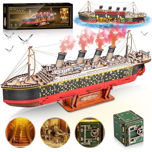 Titanic 3D Wooden Puzzles for Adults with LED Light, Home Decoration Titanic Model Kits for Adults, Sailboat Hobbies for Men, Christmas Birthday DIY Miniature Kit Gift for Adults Teens