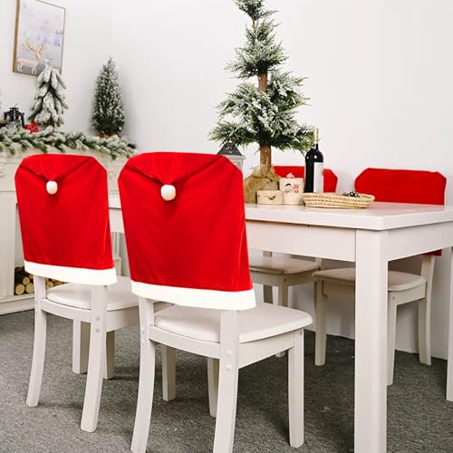 SATXTREM Christmas Chair Covers Set of 4,Red and White Santa Claus Hat Chair Back Covers for Xmas Holiday Festival Indoor Kitchen Bar Counter Stools Decorations Dining Room Table Decor