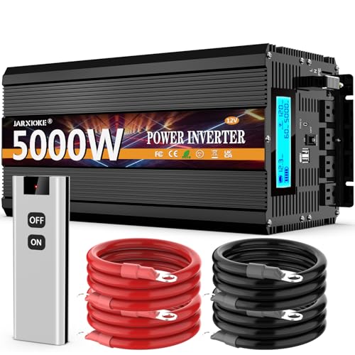 5000 Watt Power Inverter 12V DC to 110V 120V Converter for Family RV Off Grid Solar System Car with Type-C Ports 3 AC Power Outlets Dual USB Ports LCD Display Wireless Remote Control