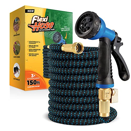 Flexi Hose with 8 Function Nozzle, Lightweight Expandable Garden Hose, No-Kink Flexibility, 3/4 Inch Solid Brass Fittings and Double Latex Core