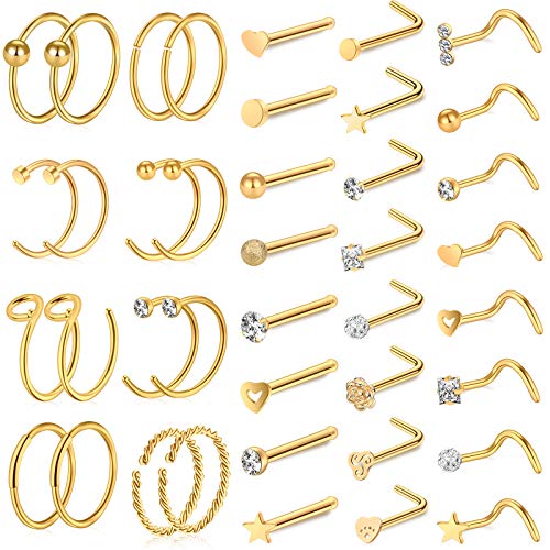 ONESING 40 PCS 20G Nose Rings/Nose Piercings Jewelry, Gold, Hoops L Shape Studs Screw 316L Surgical Stainless Steel for Men Women