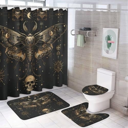 TOWINSFB 4Pcs Retro Star Moon Moth Shower Curtain Sets Bathroom Decor, Gothic Halloween Butterfly Scary Skull Shower Curtain with Non Slip Rug, Toilet Lid Cover, Bath Mat and 12 Hooks 72W x 72L