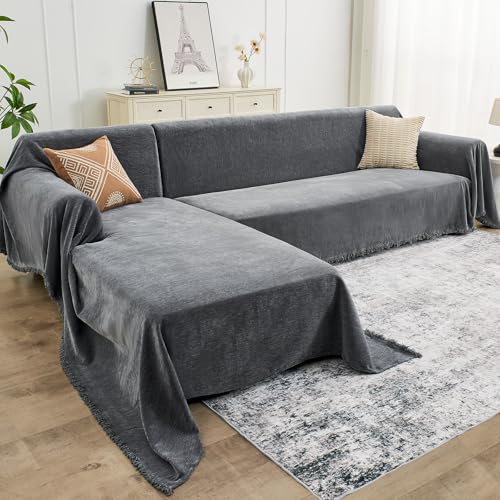 CAPALOCA Sectional Couch Covers, 2 Pieces Chenille Sofa Cover L Shaped Couch Cover Blanket for Dogs Washable Sofa Slipcovers Pet Furniture Protector (X-Large: 71" x 110" + 71" x 118", Dark Gray)
