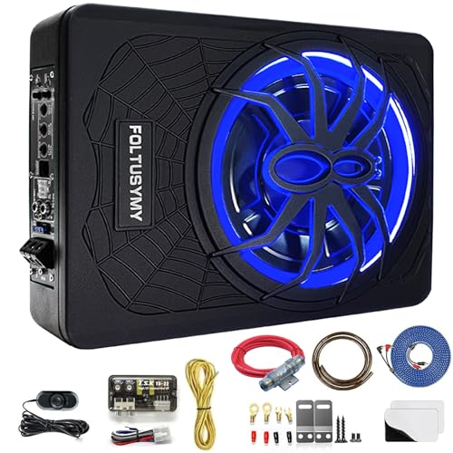 FOLTUSYMY 2025 Upgraded 10" 1000W Car Subwoofer, Slim Under Seat Powered Car Subwoofer, High/Low Level Input, Car/Truck Audio Sub Built-in Amplifier, with Blue LED Light