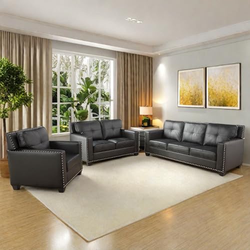 GlasFlength Couches Sofa for Living Room Set 3 Piece Modern Leather Decor Sofa and Loveseat Set with Arms and Nailhead, Includes Loveseat Couch and Armchair