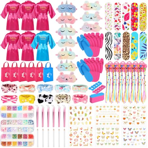 Suhine 6 Sets Girls Spa Birthady Party Supplies Birthday Print Satin Robe Tote Bags Spa Kit Nail Salon Kit(Bright Color)