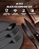 Aswwid 48 Pieces Black Silverware Set for 8, Retro Royal Flatware Set with Steak Knives, Gorgeous Stainless Steel Cutlery Utensil Set Include Forks Spoons and Knives, Mirror Finish,Dishwasher Safe