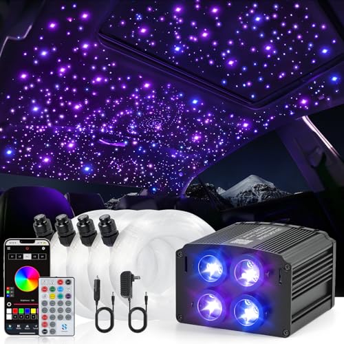 Car Starlight Headliner Kit, 4 Colors 32W Twinkle Fiber Optic Ceiling Lights, 4 Port Engine RGBW 800pcs*0.03in*13.1ft Sound Activated Star Lights for Car/Home Roof Décor, Starlight Kit