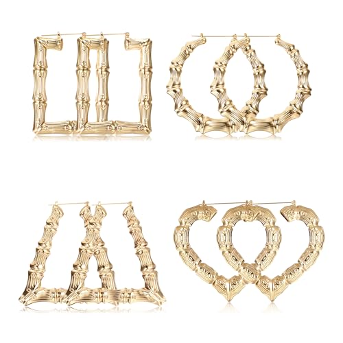 JeryWe Bamboo Hoop Earrings for Women, Big Gold Heart Earrings, 80s 90s Y2k Large Oversized Hoops, Chola Hip Hop Chunky Gold Jewelry, Personalized Costume