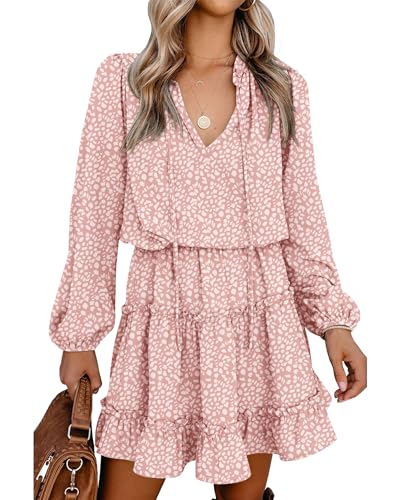 BTFBM Women Casual Summer Fall Dresses 2025 Tie Neck Long Sleeve High Waist Tiered Ruffle Aline Swing Tunic Mini Dress(Leopard Pink, Large)