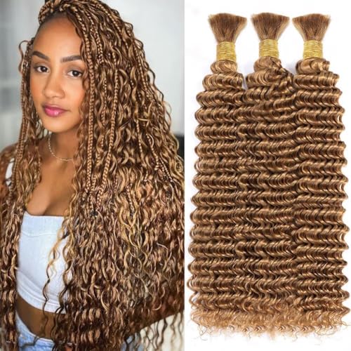 Human Braiding Hair for Boho Braids 150g 18 Inch Honey Blonde Curly Boho Hair for Braiding Knotless 12A Deep Wave Bulk Bohemian 3 Bundles/Pack Color 27