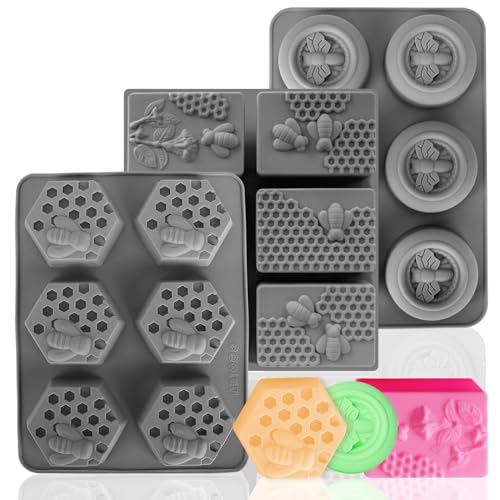 (More Styles Optional) Fuehbur 3 Pack Bee Soap Silicone Molds Set, Round + Rectangular + Hexagon Shape 6 Cavities Honeycomb Moulds, Wax Melts Beeswax - 3PCS
