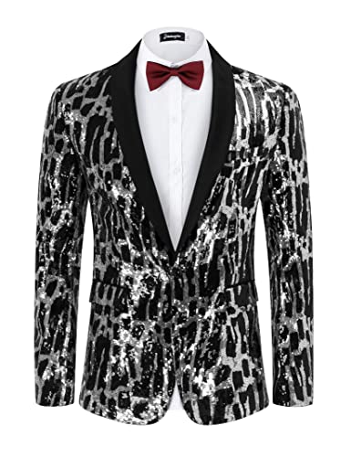 TURETRENDY Men's Shiny Sequin Blazer Slim Fit One Button Suit Jacket for Party Tuxedo Dinner Prom Black Silver S