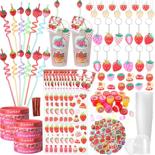 Landical 213 Pcs Strawberry Party Favors Includes Gift Cup Straws Bracelets Stickers Temporary Tattoos Keychain Rings Stampers Pendant Cards for Baby Shower Strawberry Theme 1st Birthday Decorations