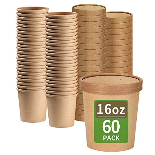 bloomoon 60 Pack 16 oz Paper Food Containers with Lids, Ice Cream Pint Containers, Microwavable Paper Soup Container, Freezer Safe Pint Ice Cream Cups (60 Cups 60 Lids)