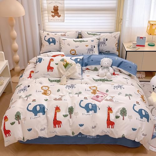Kids Duvet Cover Queen Size, 100% Cotton Zoo Animals Duvet Cover Set for Boys Girls, Cartoon Lion Giraffe Elephant Print, Soft Breathable Bedding Set(1 Duvet Cover+2 Pillowcases)