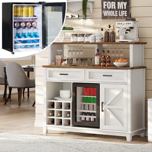 LUXOAK Farmhouse Coffee Bar Cabinet with Beverage Refrigerator Cooler, 47" Rustic Wine Bar Cabinet w/15 Mini Fridge, Barn Door & Glass Racks, Kitchen Hutch Buffet Table w/Drawer, Dining Room, White