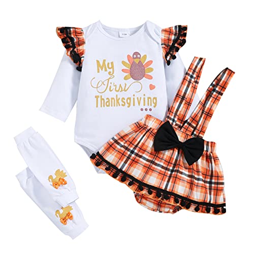 DOMOABEI My First Thanksgiving Baby Girl Outfits 0-3 Months Newborn Turkey Costume Infant Clothes Set Long Sleeve Ruffle Romper Khaki Plaid Suspender Skirt Leg Warmer 3Pcs