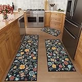 KIMODE Farmhouse Kitchen Rugs Non Slip Washable, Black Floral Kitchen Mats for Floor 3 Piece Set, Half Circle Kitchen Runner Rug for Hallways Laundry Sink Entrance Office 20"x32"+20"x47"+20"x71"