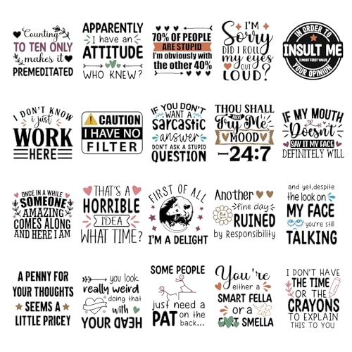 Falueqg Sarcastic Iron on Transfers for Tshirts - 20Pcs Dtf Transfers Ready to Press, Funny Quotes Iron on Decals Patches, Humor Phrases Heat Transfer Stickers for Clothing Bags Hat DIY Crafts