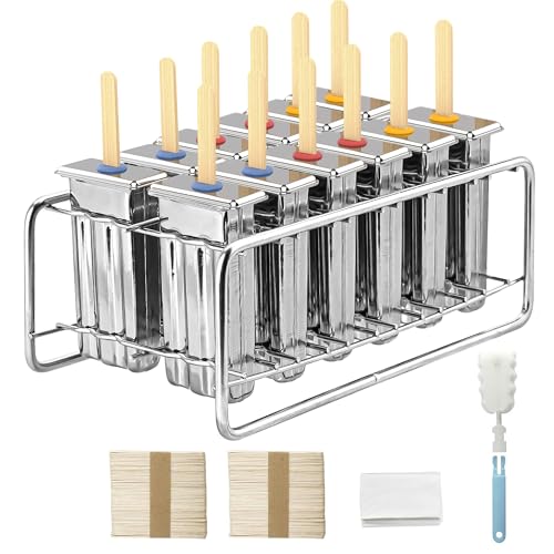 TOCCOOL 12 Pack Stainless Steel Popsicle Molds, Homemade Ice Lolly Molds with Holder, Reusable Flat Head Fast Freezing Ice Treat Maker with Wooden Sticks and Bags