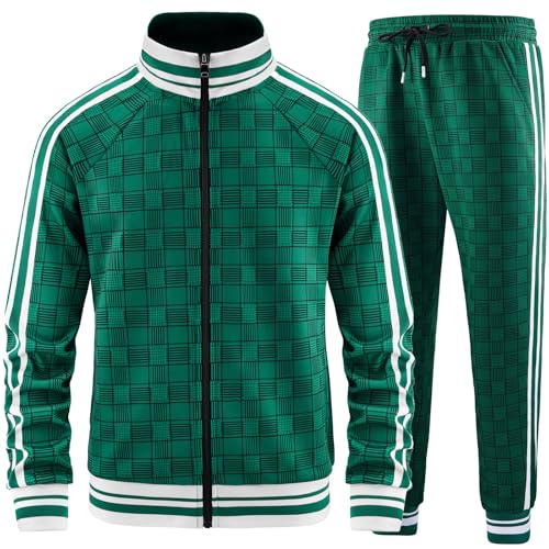 Aiozowa Track Suits for Men Set Plaid Jogging Tracksuit Mens 2 Piece Sweatsuits Jogger Sweat Suits Two Piece Sport Leisure Clothes Outfits Green KEW-KE07-M