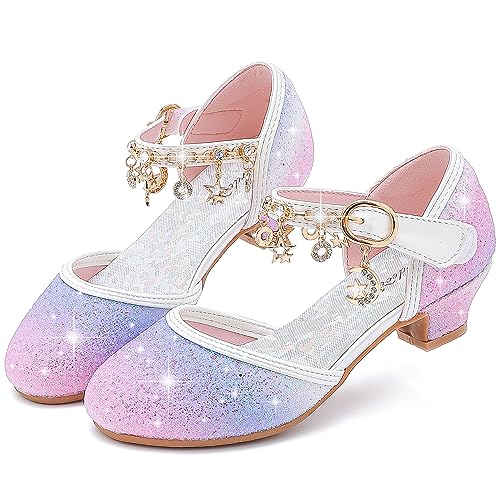 Furdeour Girls Sandals Starry Purple High Heels Size 1 Big Little Kid Flower Wedding Dress up(2902StaPurple 1)