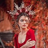 COSUCOS Handmade Rose Halo Crown - Fantasy Renfaire Red and Pink Flower Headpiece with Crystal Spiked Greek Goddess Headband for Women Fairy Elf Hair Hoop Cosplay Renaissance Halloween Wedding