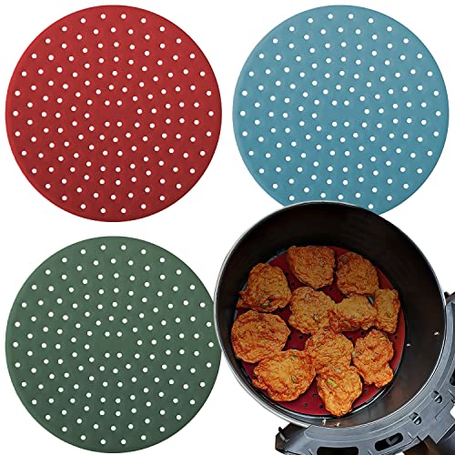 Reusable Round Silicone Air Fryer Liners (8 Inch, 3 Pack) by Linda’s Essentials - Non-Stick, Easy-Clean Accessories with Cheat Sheet & Recipe Book, Perfect for Quick Meals