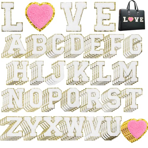 Acrebow 104 Pcs White Chenille Letter Patches & Extra 4 Heart Patches Self Adhesive Stickers Iron on Sew On Embroidered Applique Cute Varsity Glitter Stick On Alphabet for Clothing Hats Jeans Fabric