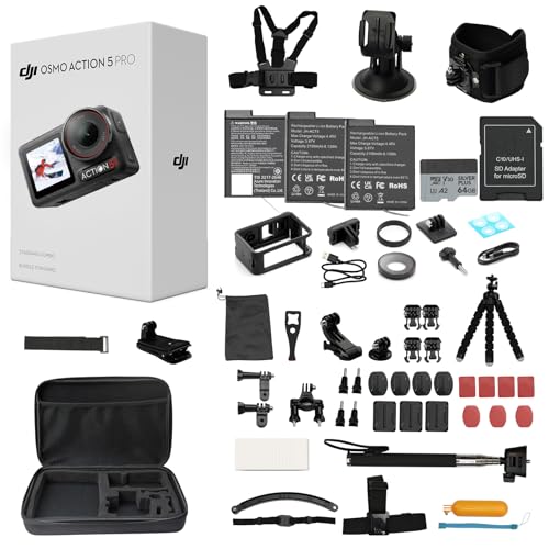 DJI Osmo Action 5 Pro Standard Combo,with 58 Piece Accessory Kit and 2 Extra Batteries + 64GB Card - Waterproof Action Camera with 1/1.3" Sensor, 4K/120fps Video, Action Camera 4K Ideal for Sports