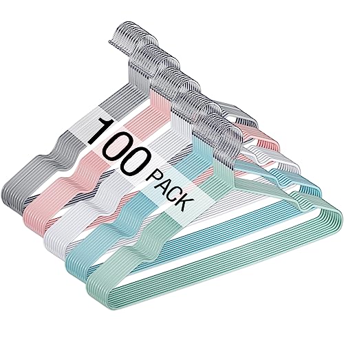 Wesiti 100 Pcs Metal Wire Non Slip Hangers for Clothes Space Saving Hanger Strong 15.7 in Triangle Clothes Coat Suit Bridal Boutique Dress for Closet Dorm Rack(Colorful)