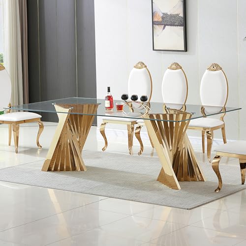 AMHDDT 94" Glass Dining Table for 8-10, Large Luxury Kitchen Table with Tempered Glass Minimalist Tabletop and Gold Stainless Steel Pedestal for Dining Room (Table Only)