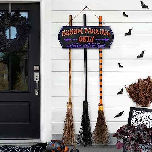 ORIENTAL CHERRY Halloween Decorations - Halloween Decor - Broom Parking Sign with 3 Wooden Witches Brooms - Cute Hocus Pocus Front Porch Wall Decor for Indoor Outdoor Home Office Party Decoration