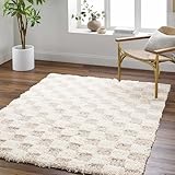 BoutiqueRugs Atira Modern Checkered Shag Area Rug - High Pile Fluffy Shaggy Carpet for Kids Room, Nursery, Living Room, Bedroom - Beige, Cream, White - 5'3" x 7'3" (5x7)