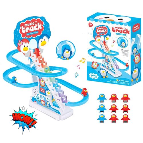 QUENTRO Penguin Slide Toy Set – Stair Climbing Roller Coaster with Sliding Tracks, 9 Racing Penguins & 3-Speed Switch – Lights, Music & Quiet Mode – Educational Playset for Kids & Toddlers
