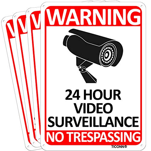 TICONN 4-Pack 24 Hour Video Surveillance Sign, No Trespassing Aluminum Warning Sign, 10’’x7’’ for CCTV Security Camera - Reflective, UV Protected