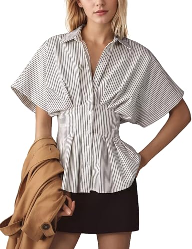MISSACTIVER Striped Button Down Shirts for Women Short Sleeve Pleated Corset Blouse Casual Summer Peplum Dressy Tops White