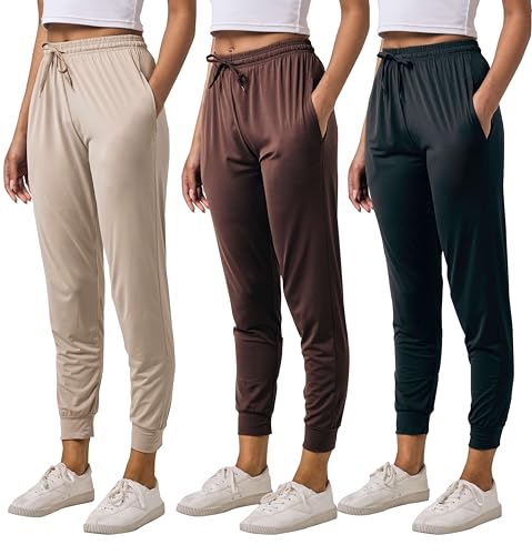 Real Essentials 3 Pack Women's Lounge Jogger Soft Teen Sleepwear Pajamas Fashion Loungewear Yoga Pant Active Athletic Track Running Workout Casual wear Ladies Yoga Sweatpants Pockets - Set 10,L