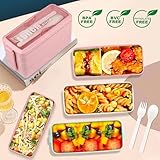 Iteryn Bento Box Japanese Lunch Box - Stackable 3-In-1 Compartment, Top layer leakproof Eco Lunch Containers, Wheat Straw Meal Prep Containers, Bento Lunch Boxes for Kids & Adults (Pink)