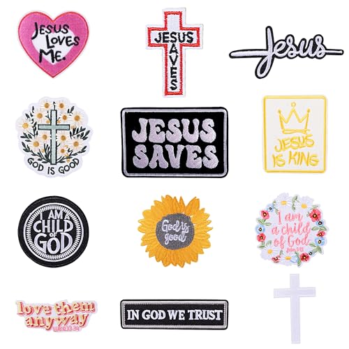 Christian Iron On Patches for Clothes Trucker Hat Patches 12pcs Jesus Cross Patch Sew On Embroidered Appliques for Jackets Hats Backpacks