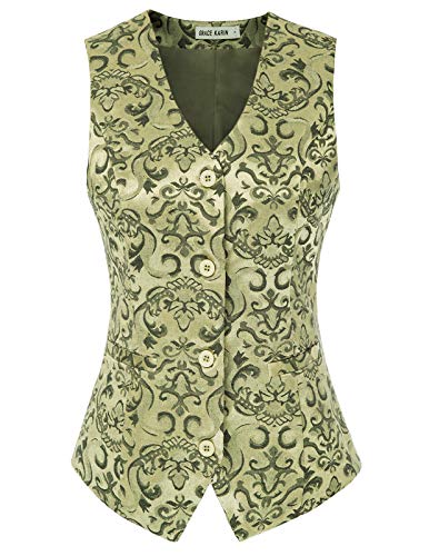 GRACE KARIN Women's Vintage Vest Casual Western Jacket Slim Fit Waistcoat(L,Green)