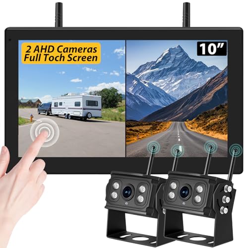 10'' RV Wireless Backup Camera, 2 HD 1080P IP69 Waterproof Cameras with Full Touch Screen 4 Channels Monitor Cameras System, IR Night Vision Reverse Camera for RV Truck Trailer 5th Wheels