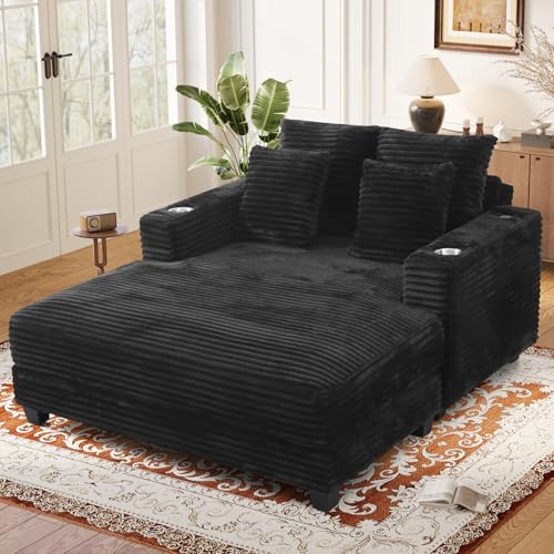 SENYUN 60" Chaise Lounge Indoor, Oversized Upholstered Sofa Bed with Pillows & Armrests, Fluffy Plush Faux Fur Sleeper Couch Lazy Chair Bed, Reading Chairs Cloud Sofa Couches for Living Room,Black
