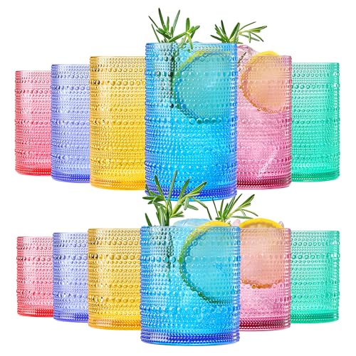 Colored Reusable Plastic Drinking Glasses, Hobnail Shatterproof | 6X 10 OZ Lowball & 6X 13 OZ Highball | Tritan Tumblers, Acrylic Unbreakable, Dishwasher Safe Water Cups, BPA-free, Indoor, Outdoor