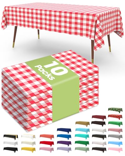 Pureegg Plastic Table Cloth Disposable 10 Pack, 54 x 108 Inch Table Cloths, Party, Picnic, Decorative Gingham Tablecloths, Rectangle, Red and White Checkered Cover, Leakproof & Sturdy, Red Plaid