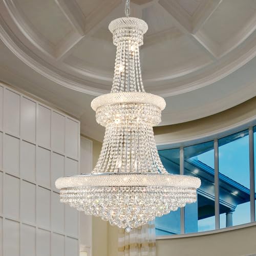 SHAOCHIAO Large Crystal Chandelier Light fixtures - 19-Light High Ceiling Hanging Chandeliers, 3-Layers Luxury Empire Chandeliers for High Ceilings,Entryway,Living Room,Staircase, Foyer (D31.5)